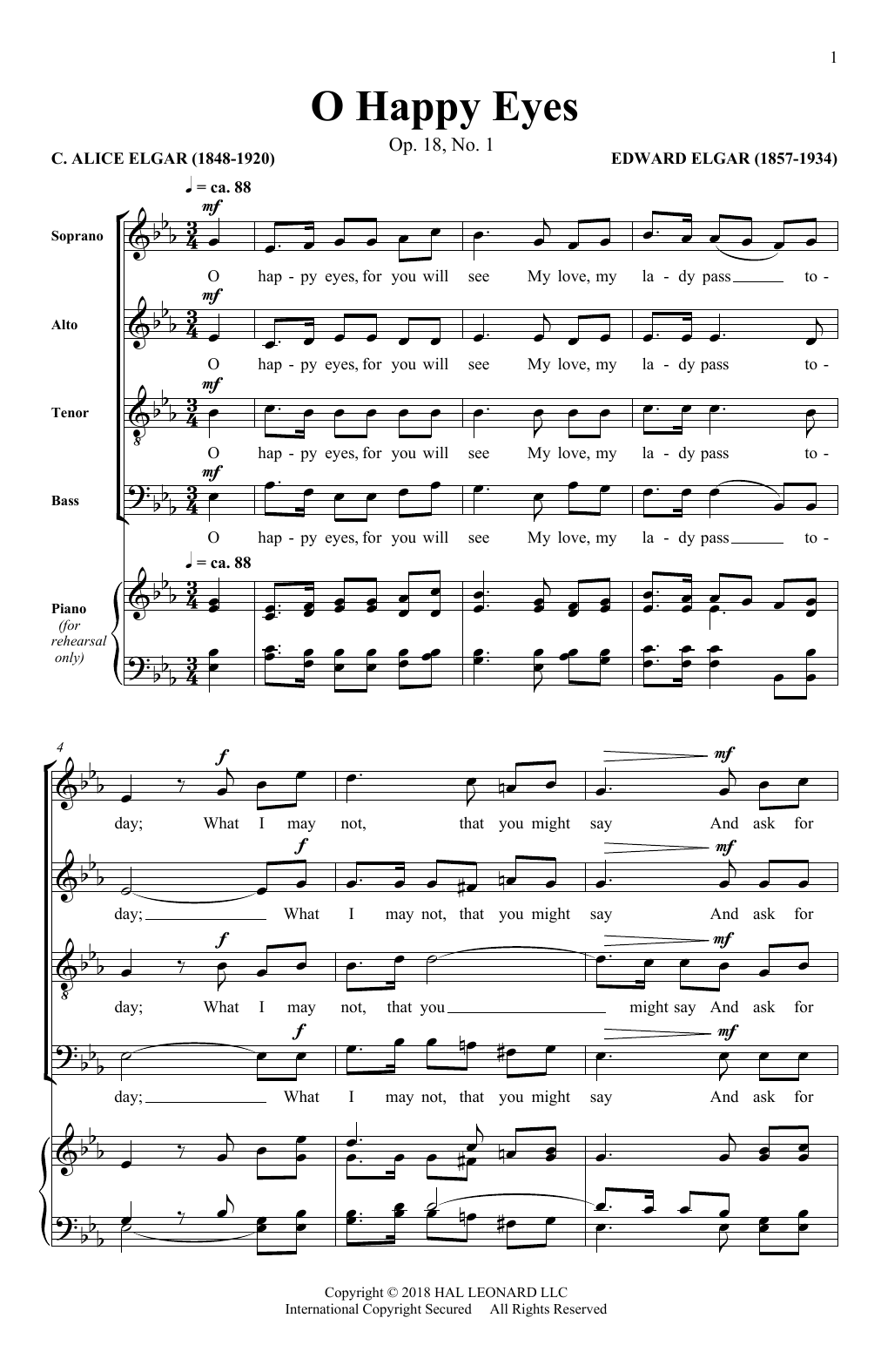 Edward Elgar O Happy Eyes sheet music notes and chords arranged for SATB Choir