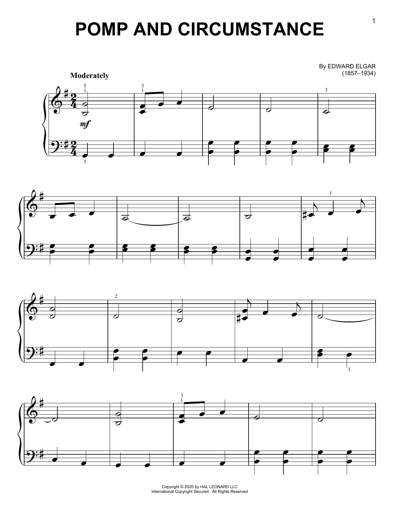 Edward Elgar Pomp And Circumstance, March No. 1, Op. 39 sheet music notes and chords arranged for Very Easy Piano