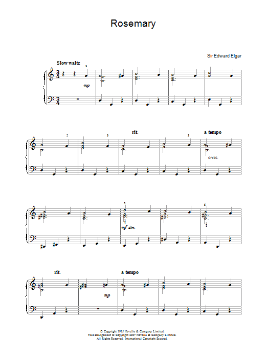 Edward Elgar Rosemary sheet music notes and chords arranged for Easy Piano