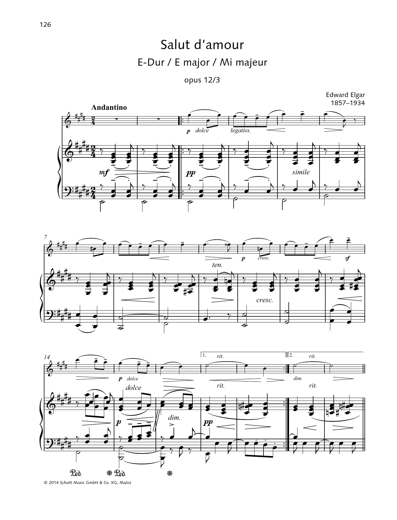 Edward Elgar Salut d'amour E major sheet music notes and chords arranged for String Solo