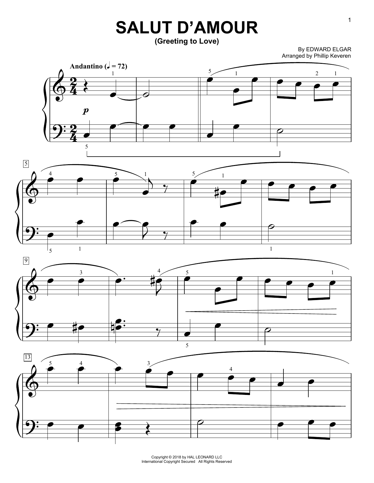 Edward Elgar Salut D'amour (Greeting To Love) (arr. Phillip Keveren) sheet music notes and chords arranged for Big Note Piano