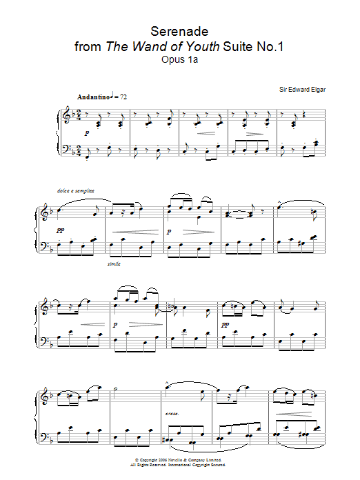 Edward Elgar Serenade From The Wand Of Youth Suite No 1 Op 1a sheet music notes and chords arranged for Piano Solo