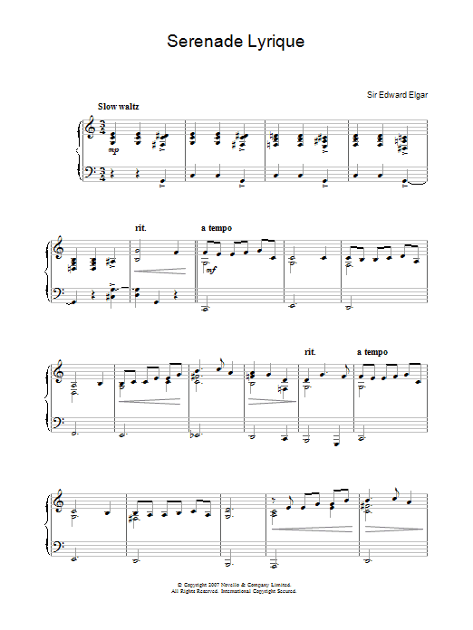Edward Elgar Serenade Lyrique sheet music notes and chords arranged for Easy Piano