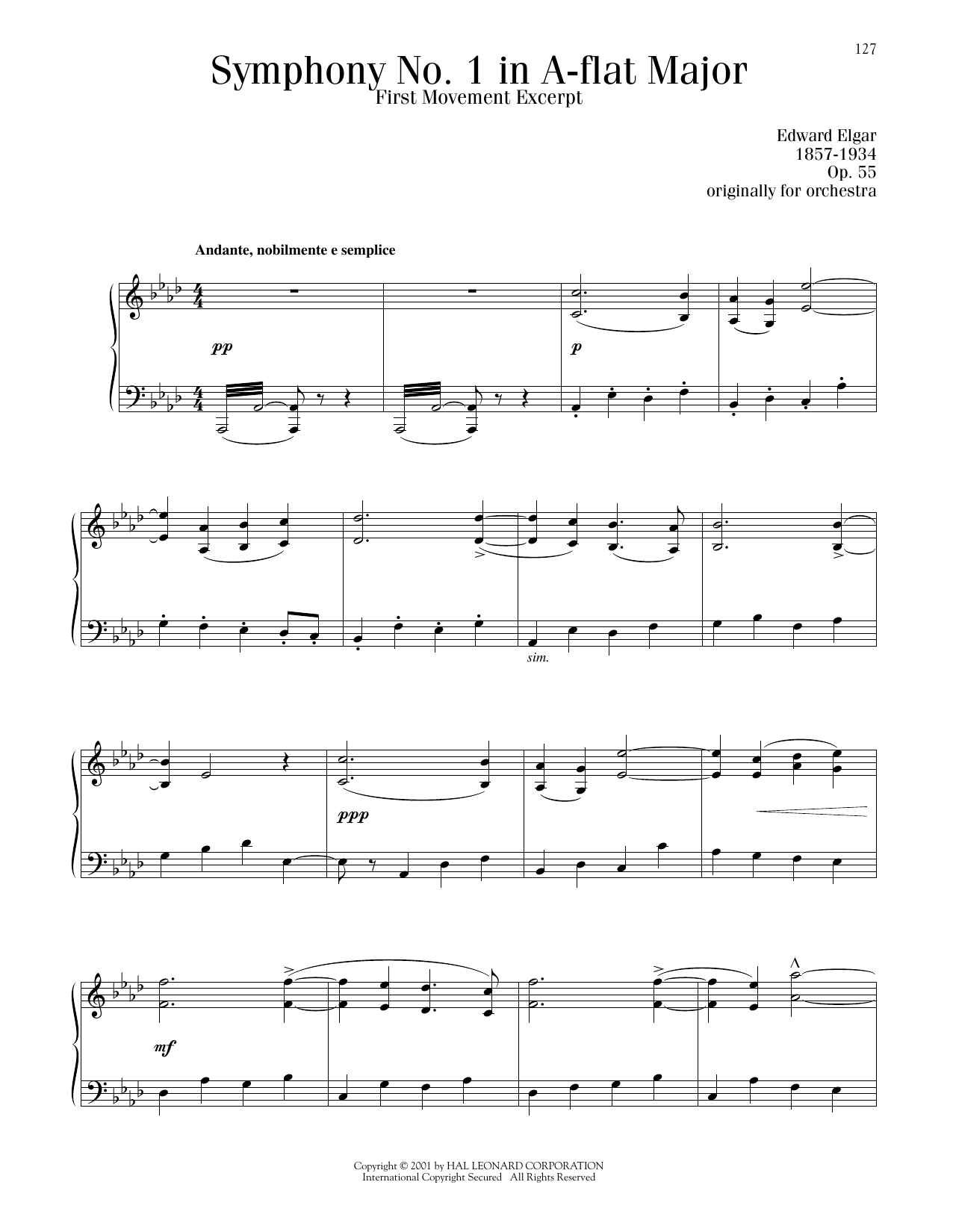Edward Elgar Symphony No. 1 In A Flat Major, 1st Movement sheet music notes and chords arranged for Piano Solo