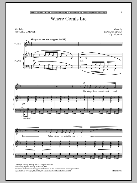 Edward Elgar Where Corals Lie sheet music notes and chords arranged for Piano & Vocal