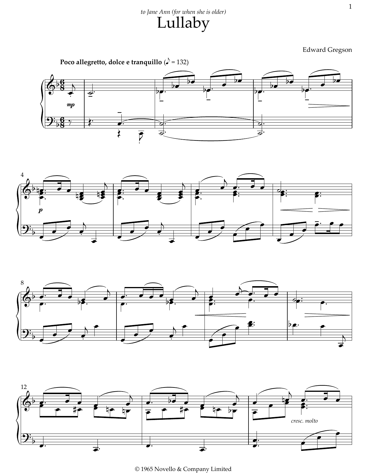 Edward Gregson Lullaby sheet music notes and chords arranged for Piano Solo