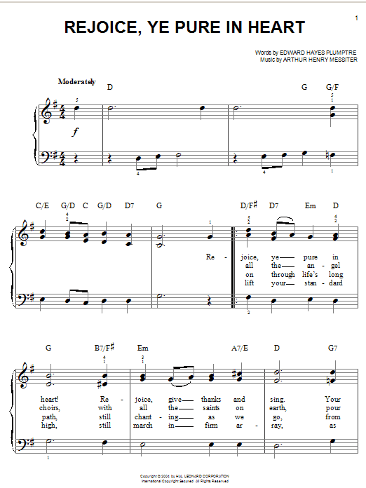 Arthur Henry Messiter Rejoice, Ye Pure In Heart sheet music notes and chords arranged for Easy Piano