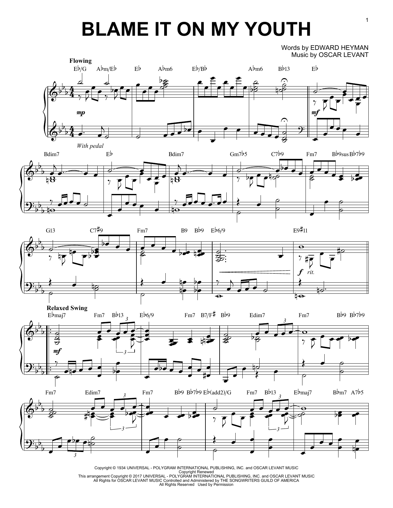 Edward Heyman Blame It On My Youth [Jazz version] sheet music notes and chords arranged for Piano Solo