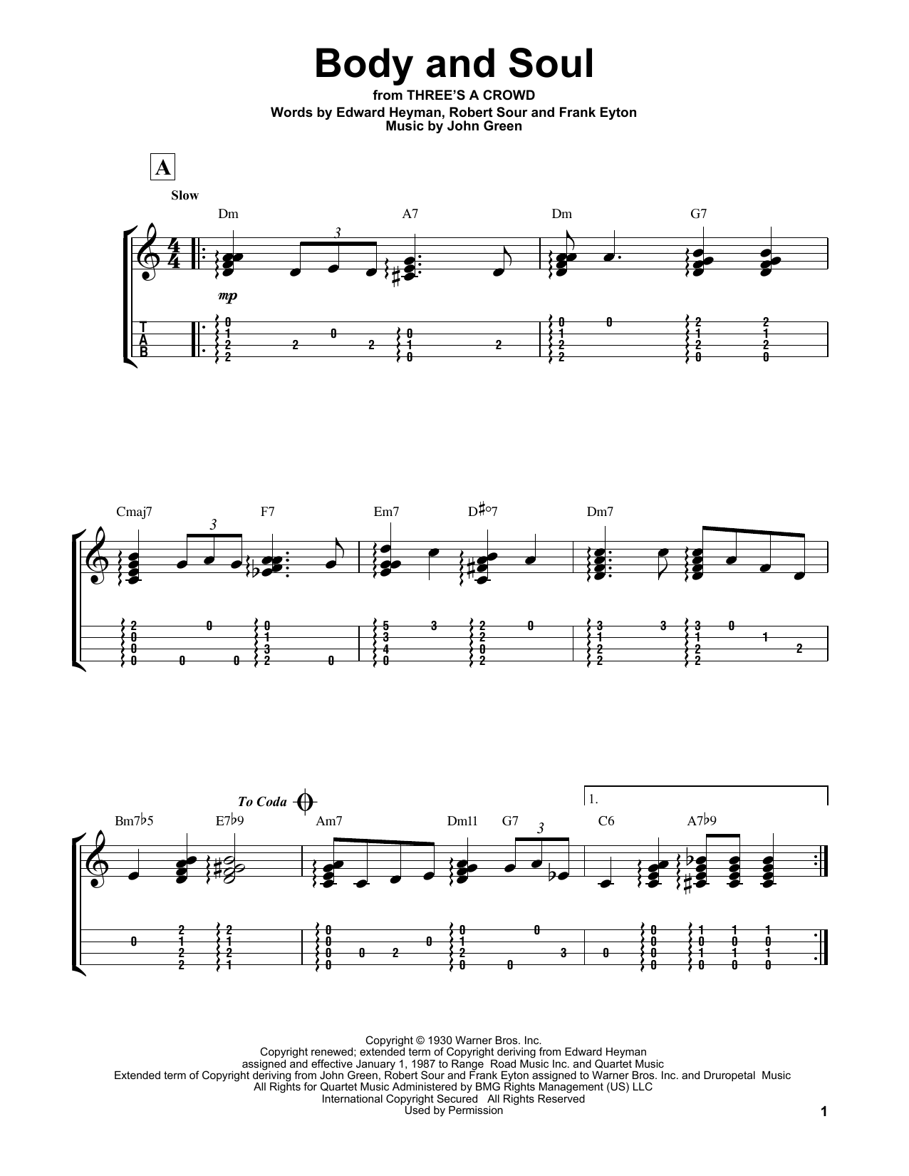 Edward Heyman Body And Soul sheet music notes and chords arranged for Easy Ukulele Tab