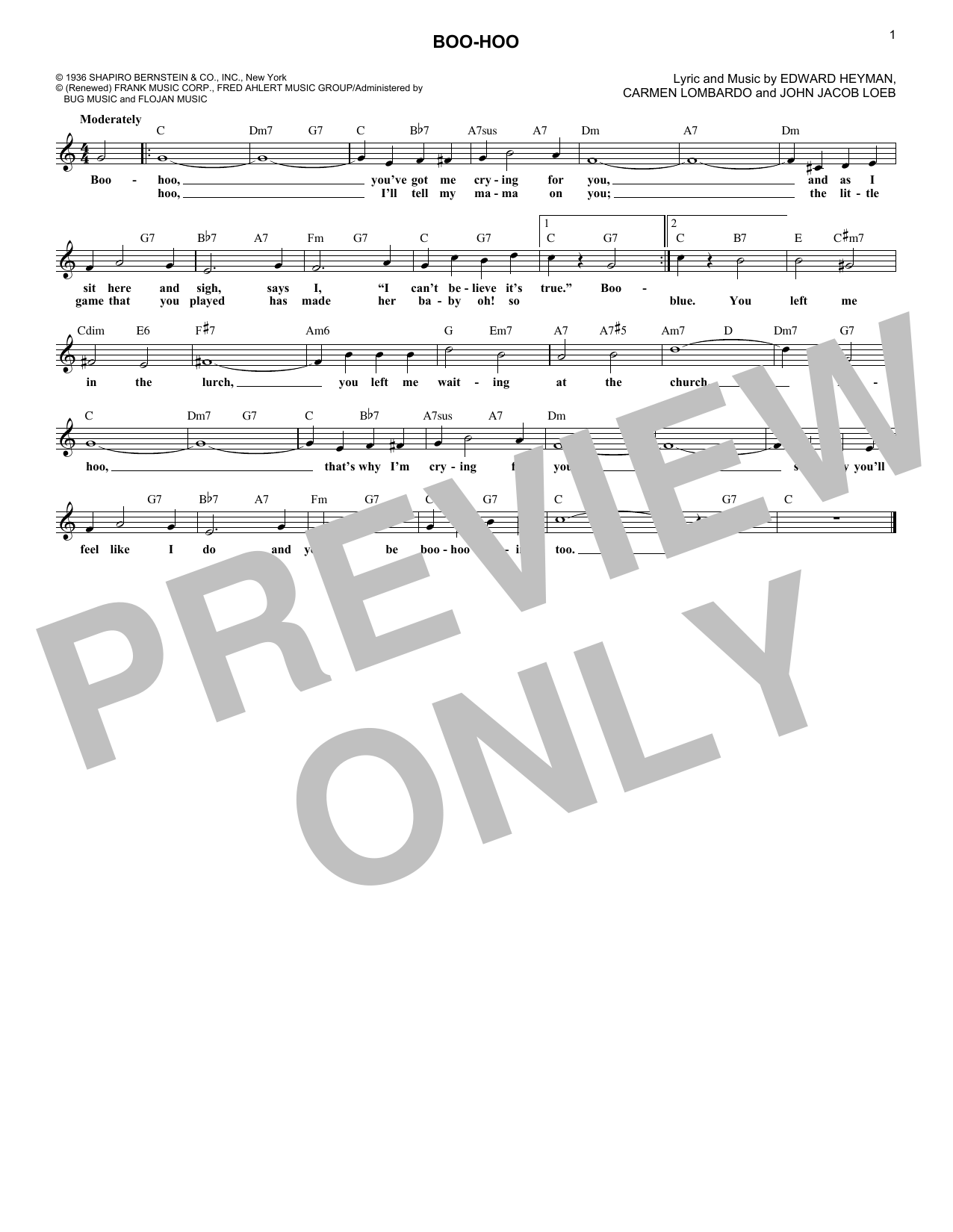 Edward Heyman Boo-Hoo sheet music notes and chords arranged for Lead Sheet / Fake Book