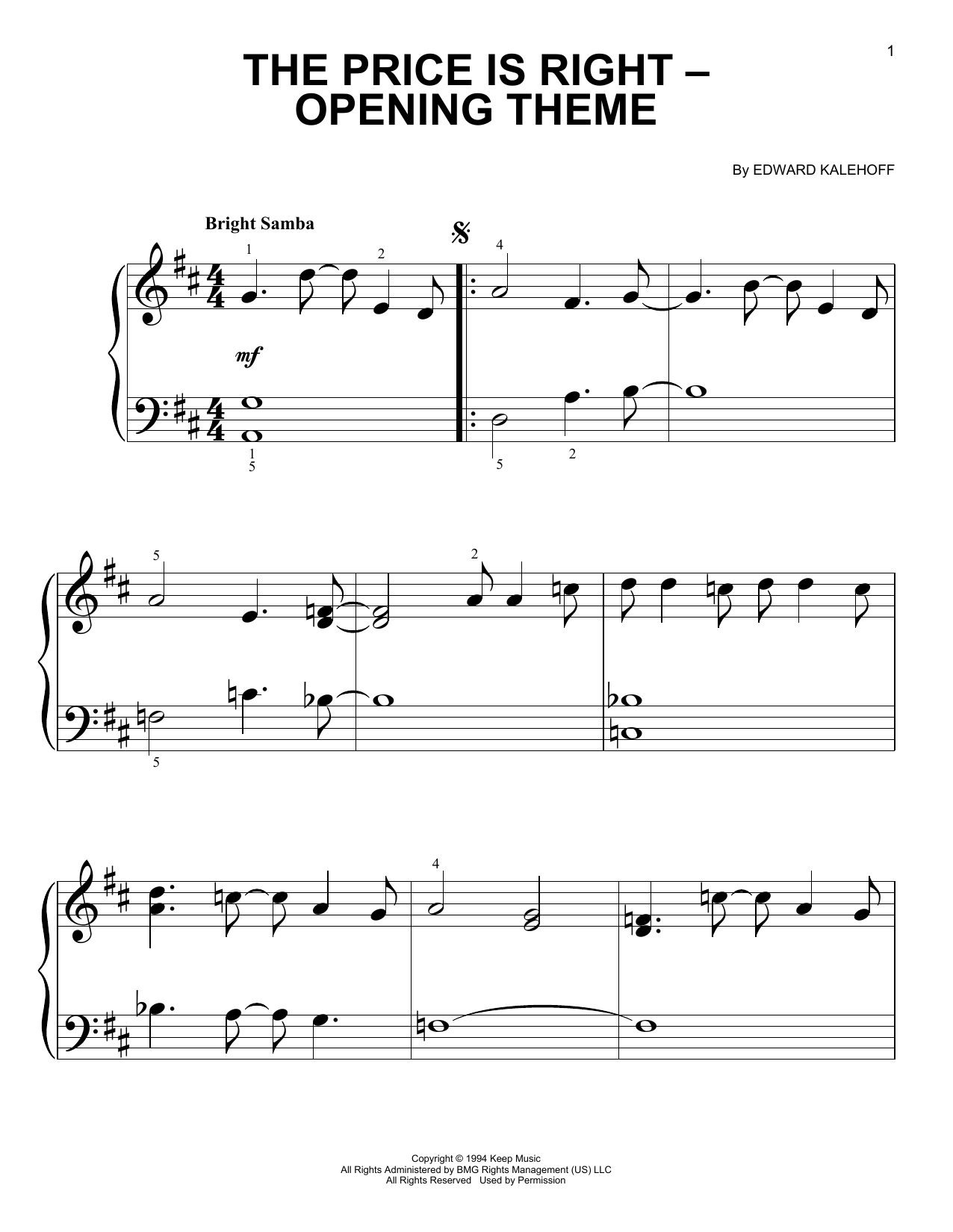Edward Kalehoff Price Is Right - Opening Theme sheet music notes and chords arranged for Very Easy Piano