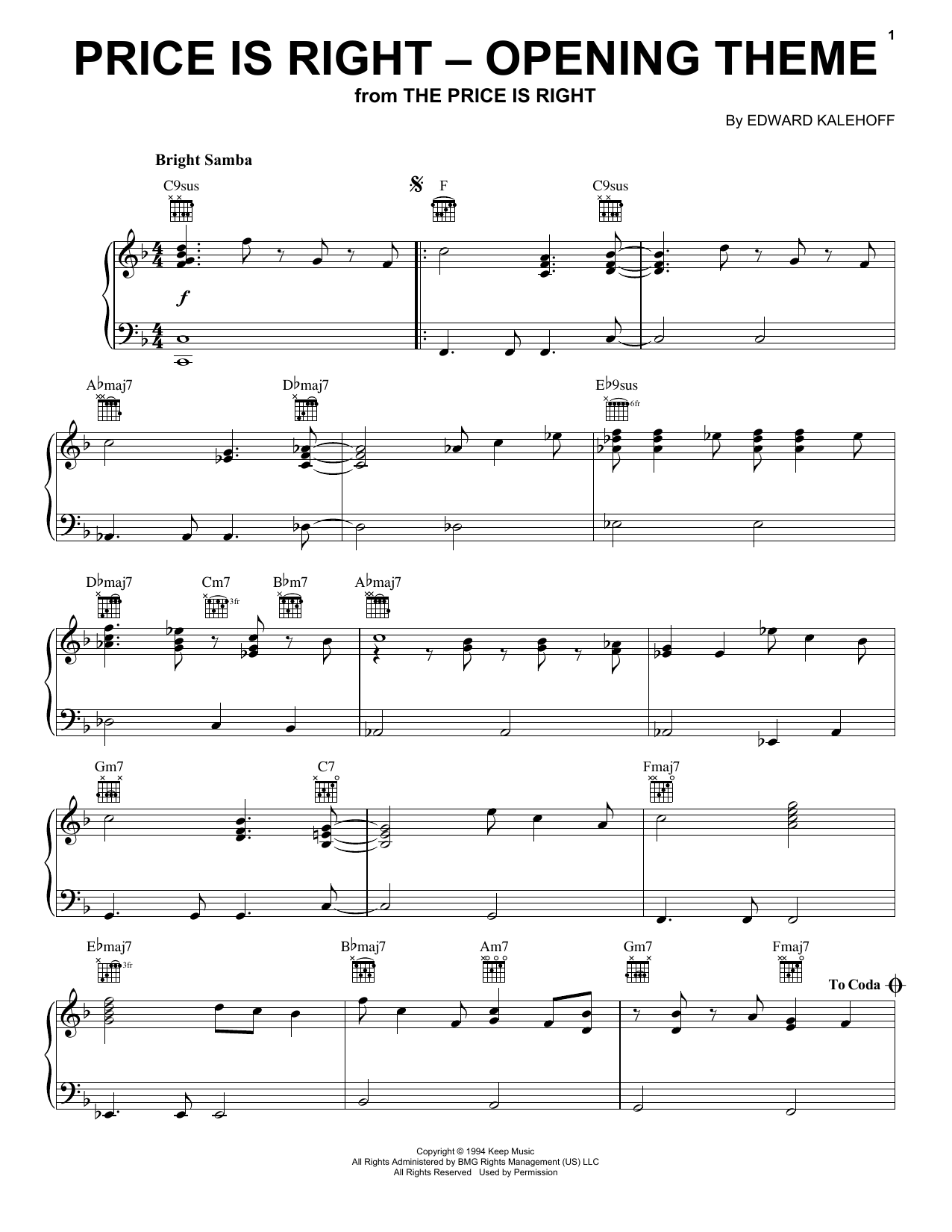 Edward Kalehoff Price Is Right (Opening Theme) sheet music notes and chords arranged for Piano Solo