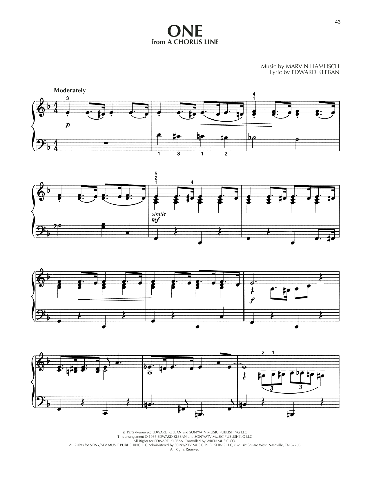 Edward Kleban One (from A Chorus Line) sheet music notes and chords arranged for Piano Solo
