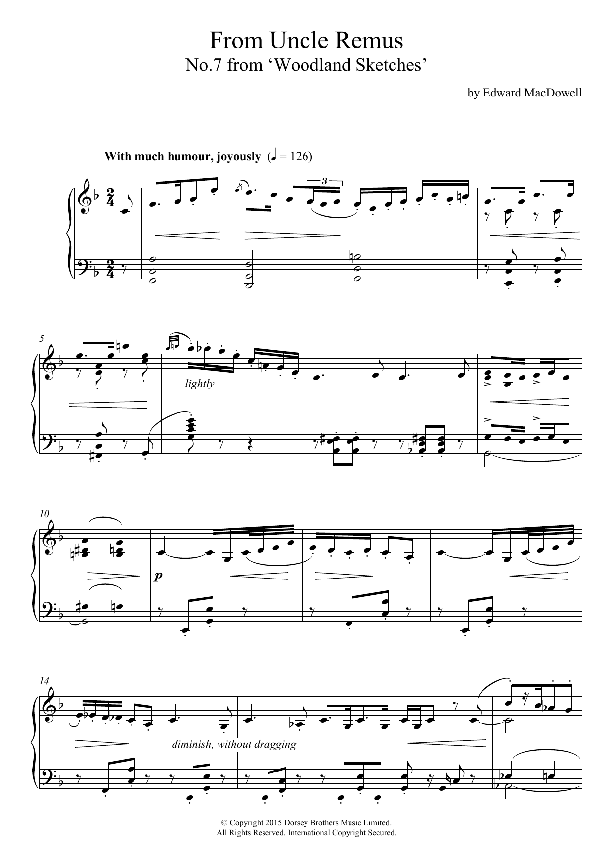 Edward MacDowell From Uncle Remus (10 Woodland Sketches, Op.51, No.7) sheet music notes and chords arranged for Piano Solo
