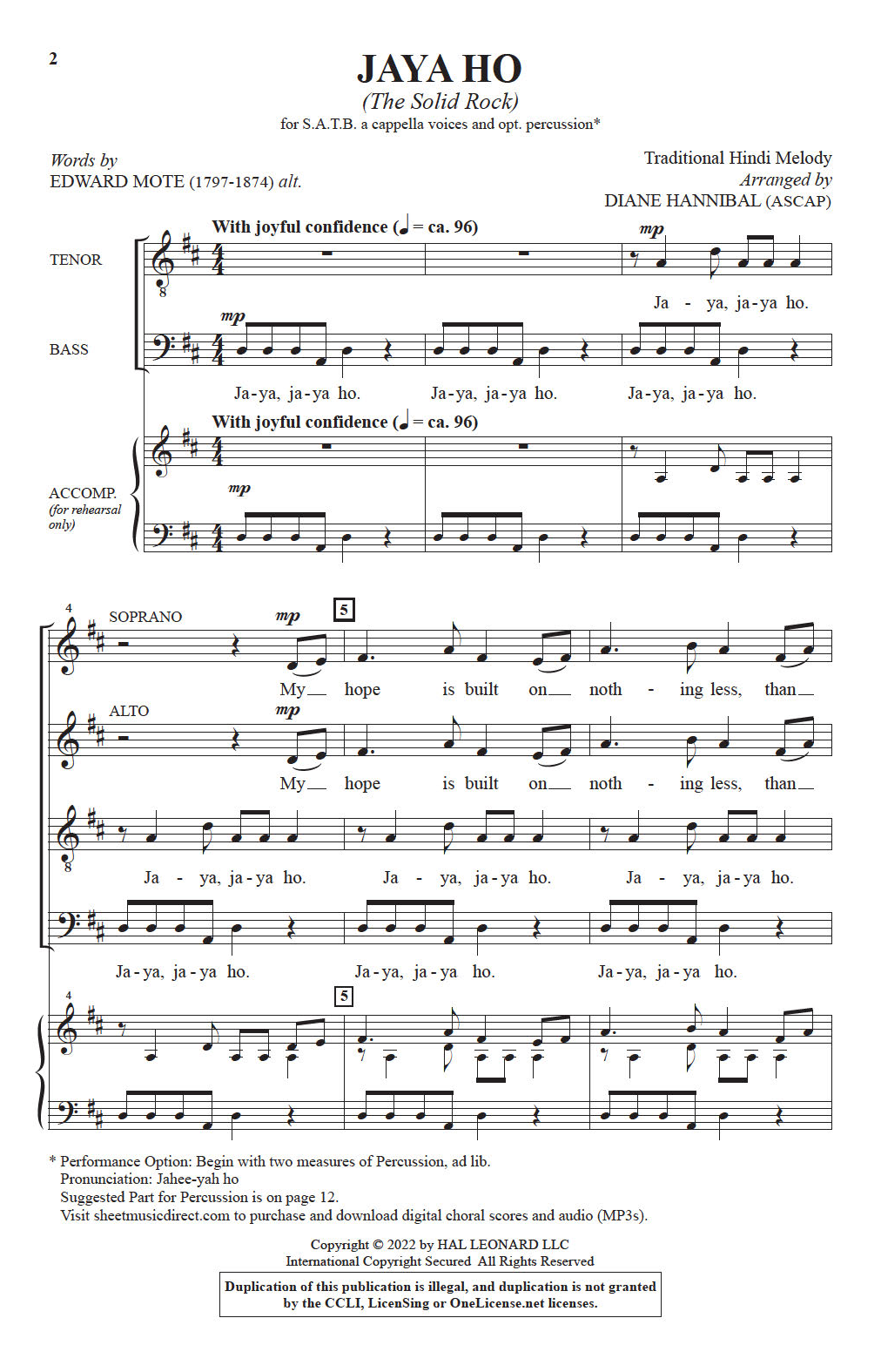 Edward Mote Jaya Ho (The Solid Rock) (arr. Diane Hannibal) sheet music notes and chords arranged for SATB Choir