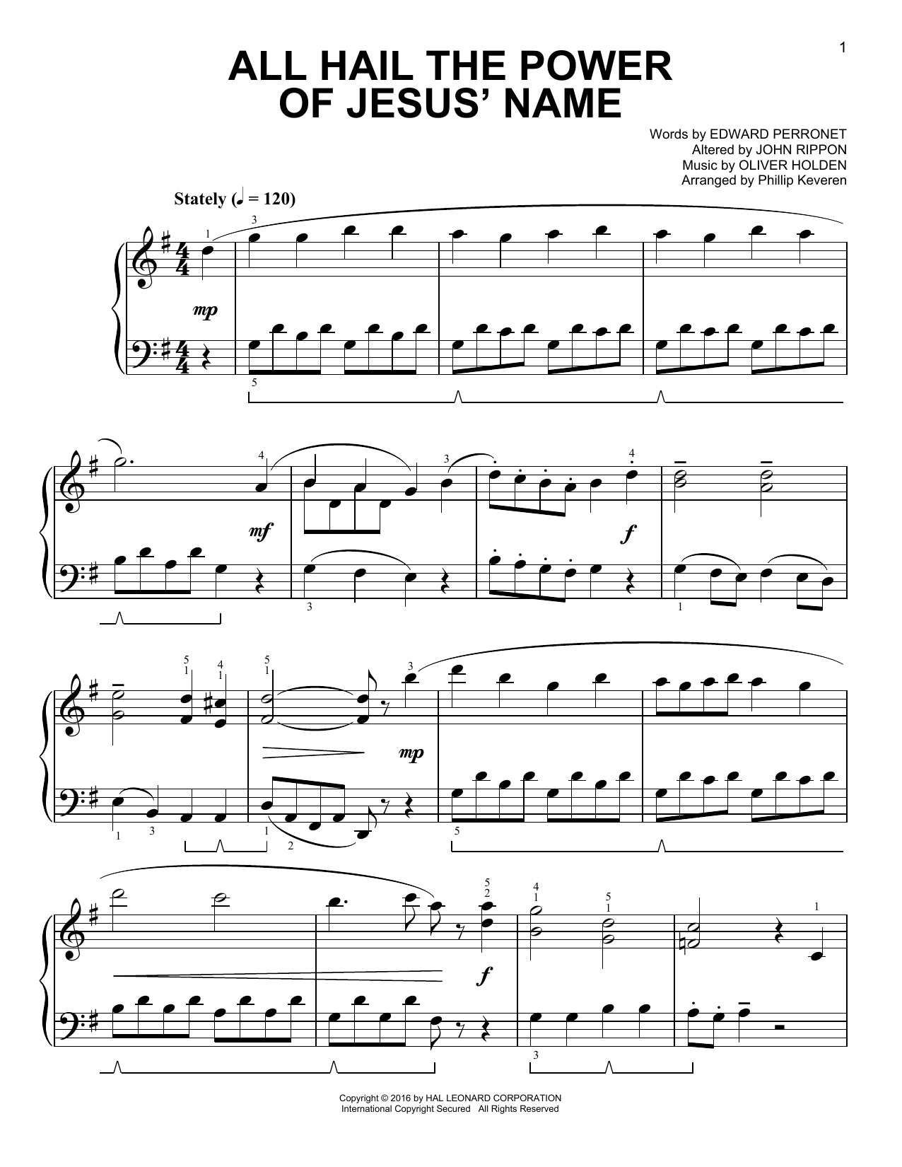 Edward Perronet All Hail The Power Of Jesus' Name [Classical version] (arr. Phillip Keveren) sheet music notes and chords arranged for Easy Piano