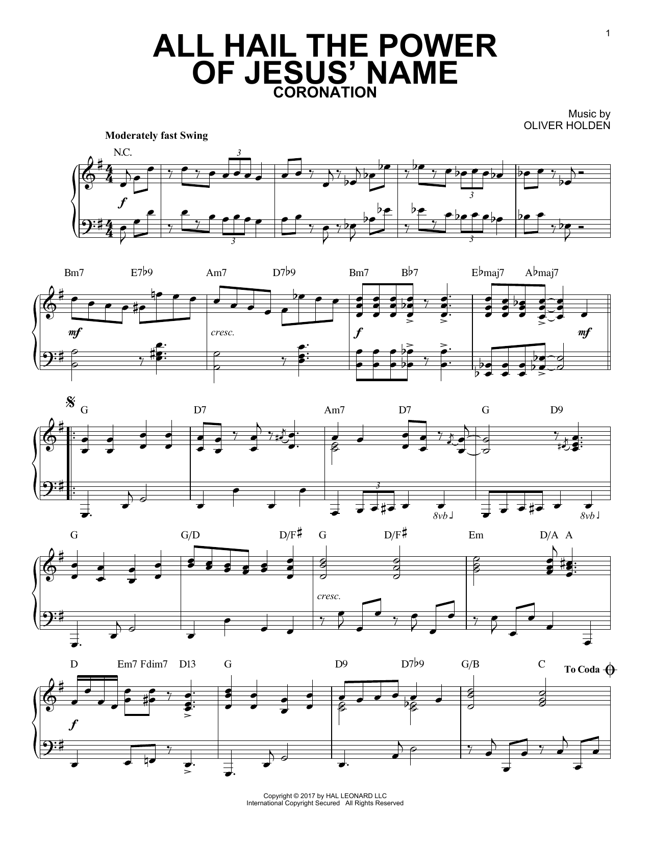Edward Perronet All Hail The Power Of Jesus' Name [Jazz version] sheet music notes and chords arranged for Piano Solo