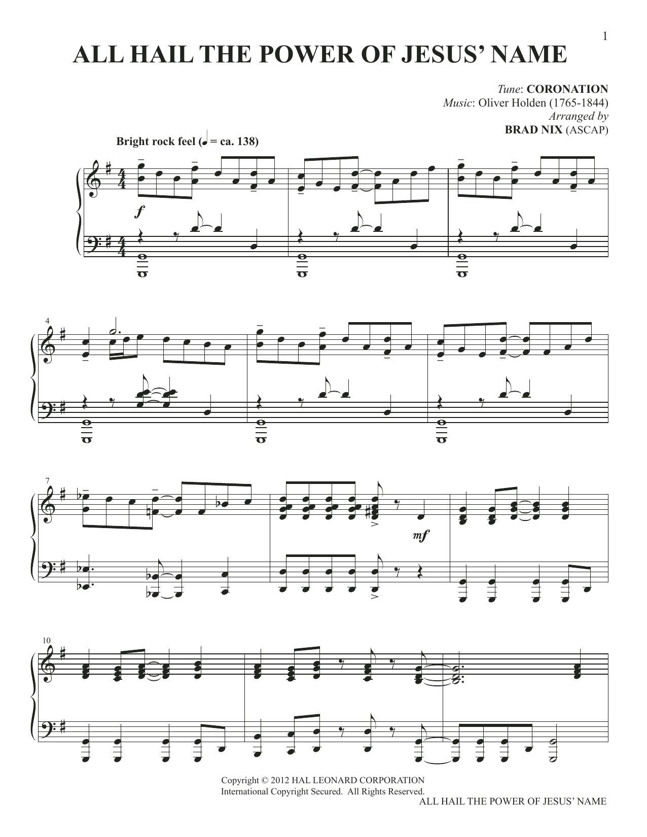 Edward Perronet and Oliver Holden All Hail The Power Of Jesus' Name (arr. Brad Nix) sheet music notes and chords arranged for Piano Solo
