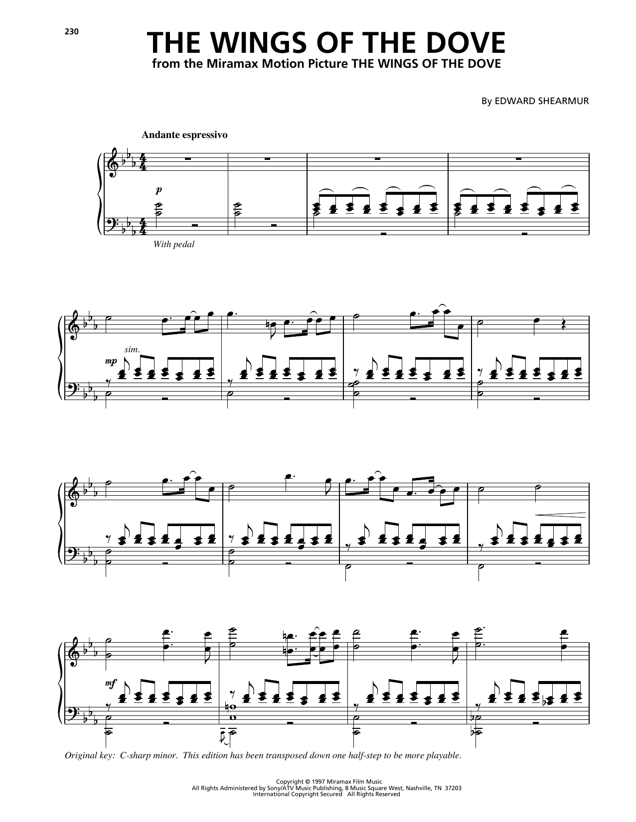 Edward Shearmur The Wings Of The Dove sheet music notes and chords arranged for Piano Solo