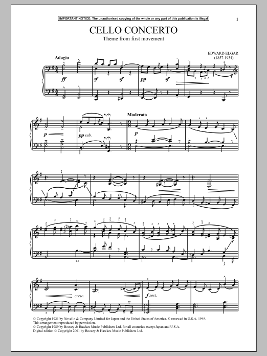 Edward Elgar Cello Concerto In E Minor, Op. 85 (First Movement Theme) sheet music notes and chords arranged for Piano Solo