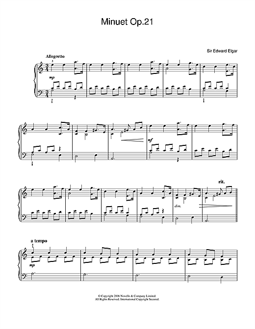 Edward Elgar Minuet Op.21 sheet music notes and chords arranged for Easy Piano