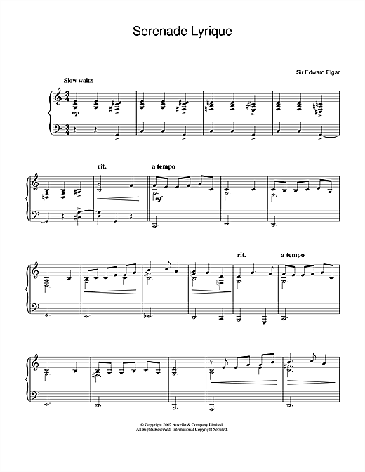 Edward Elgar Serenade Lyrique sheet music notes and chords arranged for Easy Piano
