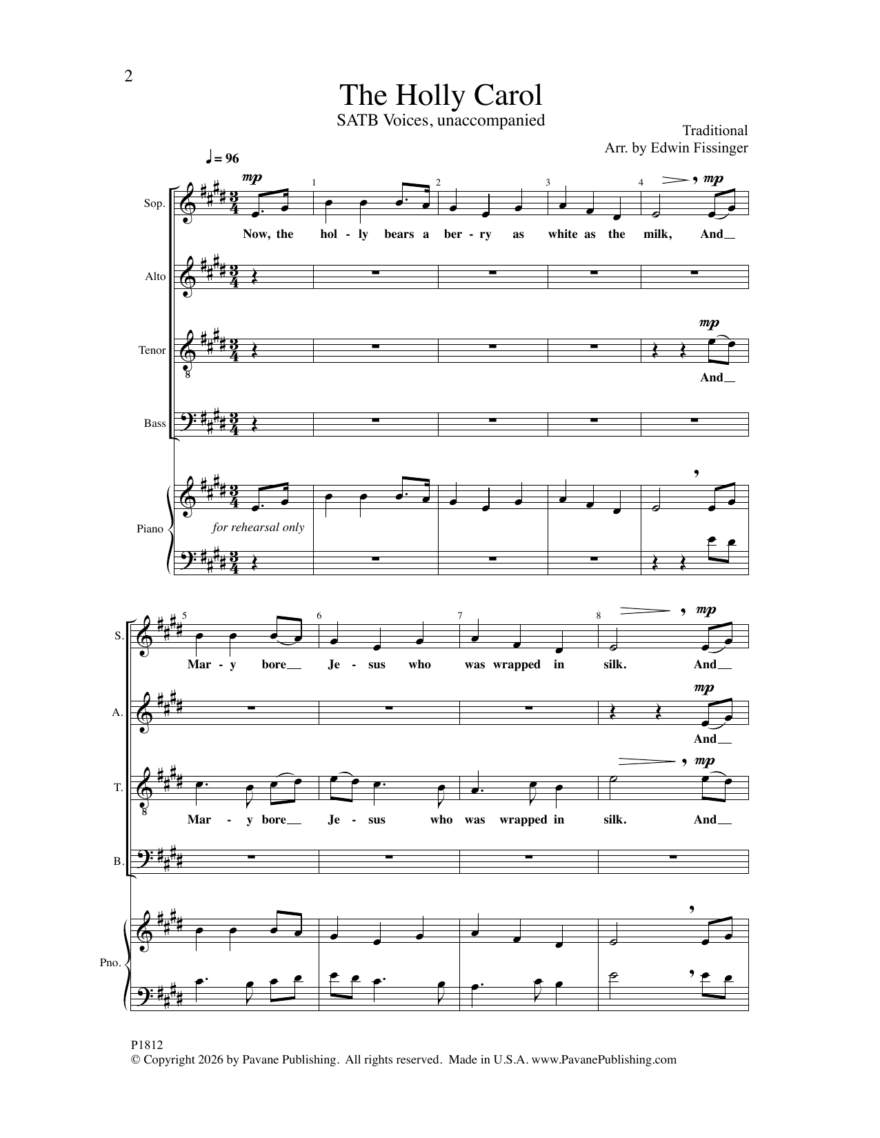 Edwin Fissinger The Holly Carol sheet music notes and chords arranged for SATB Choir