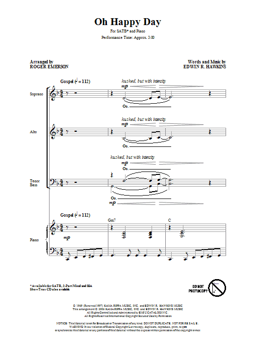 Edwin R. Hawkins Oh Happy Day (arr. Roger Emerson) sheet music notes and chords arranged for SATB Choir