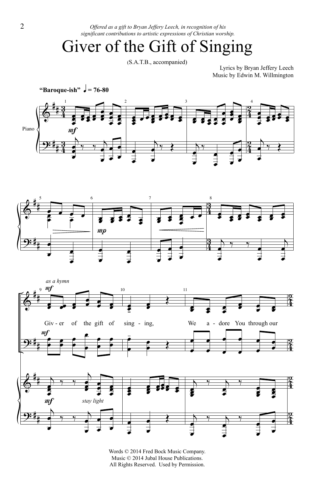 Edwin M. Willmington Giver Of The Gift Of Singing sheet music notes and chords arranged for SATB Choir