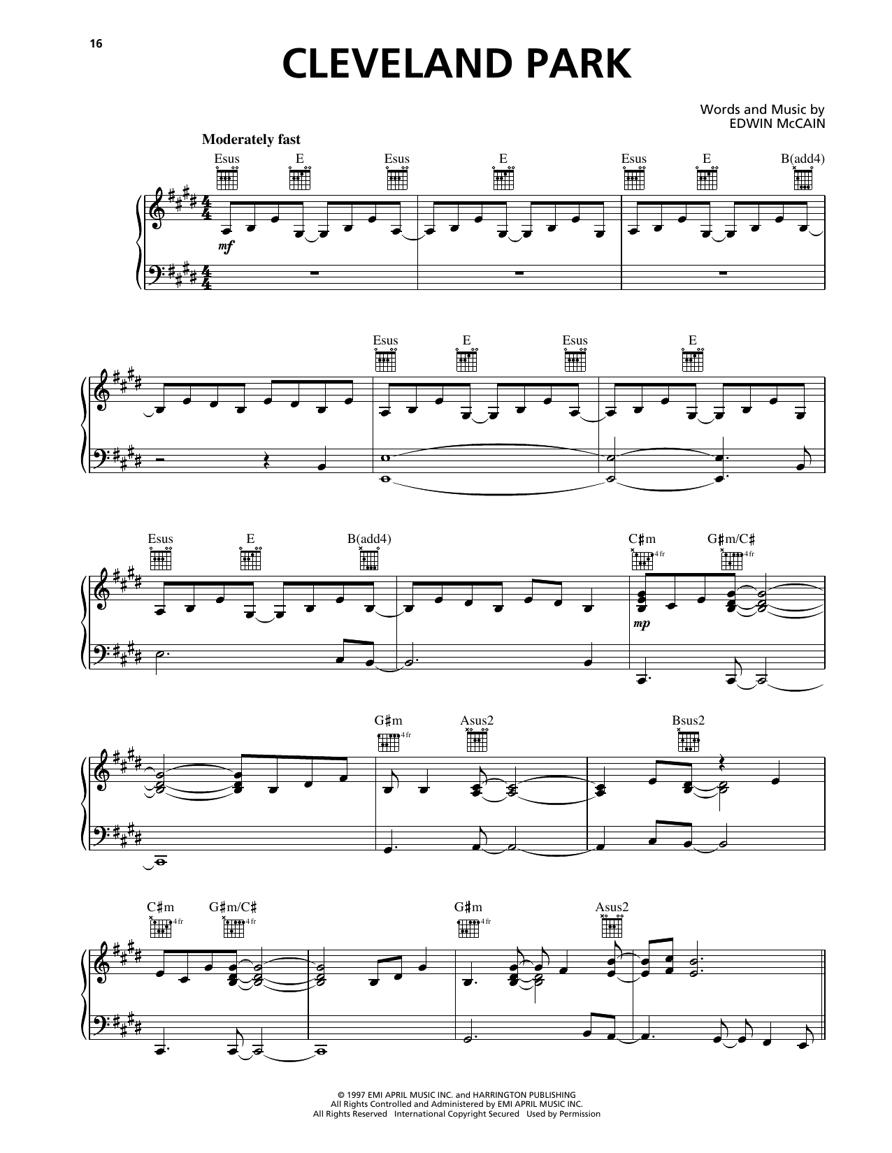 Edwin McCain Cleveland Park sheet music notes and chords arranged for Piano, Vocal & Guitar Chords (Right-Hand Melody)
