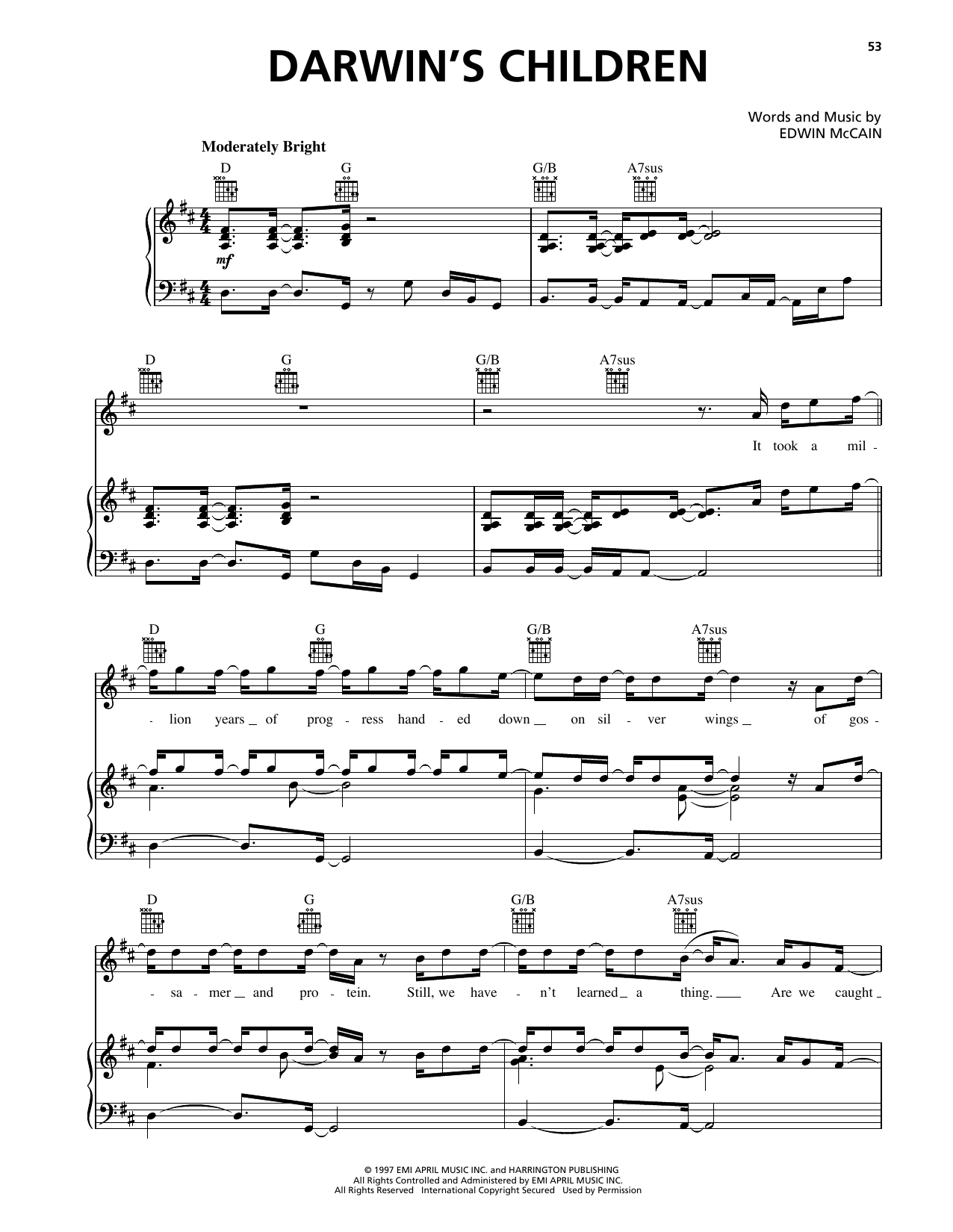 Edwin McCain Darwin's Children sheet music notes and chords arranged for Piano, Vocal & Guitar Chords (Right-Hand Melody)