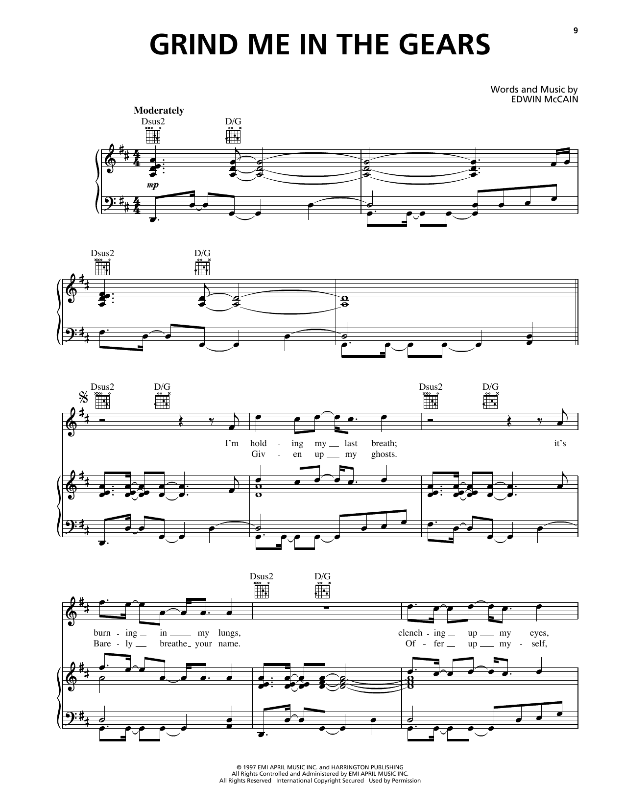 Edwin McCain Grind Me In The Gears sheet music notes and chords arranged for Piano, Vocal & Guitar Chords (Right-Hand Melody)