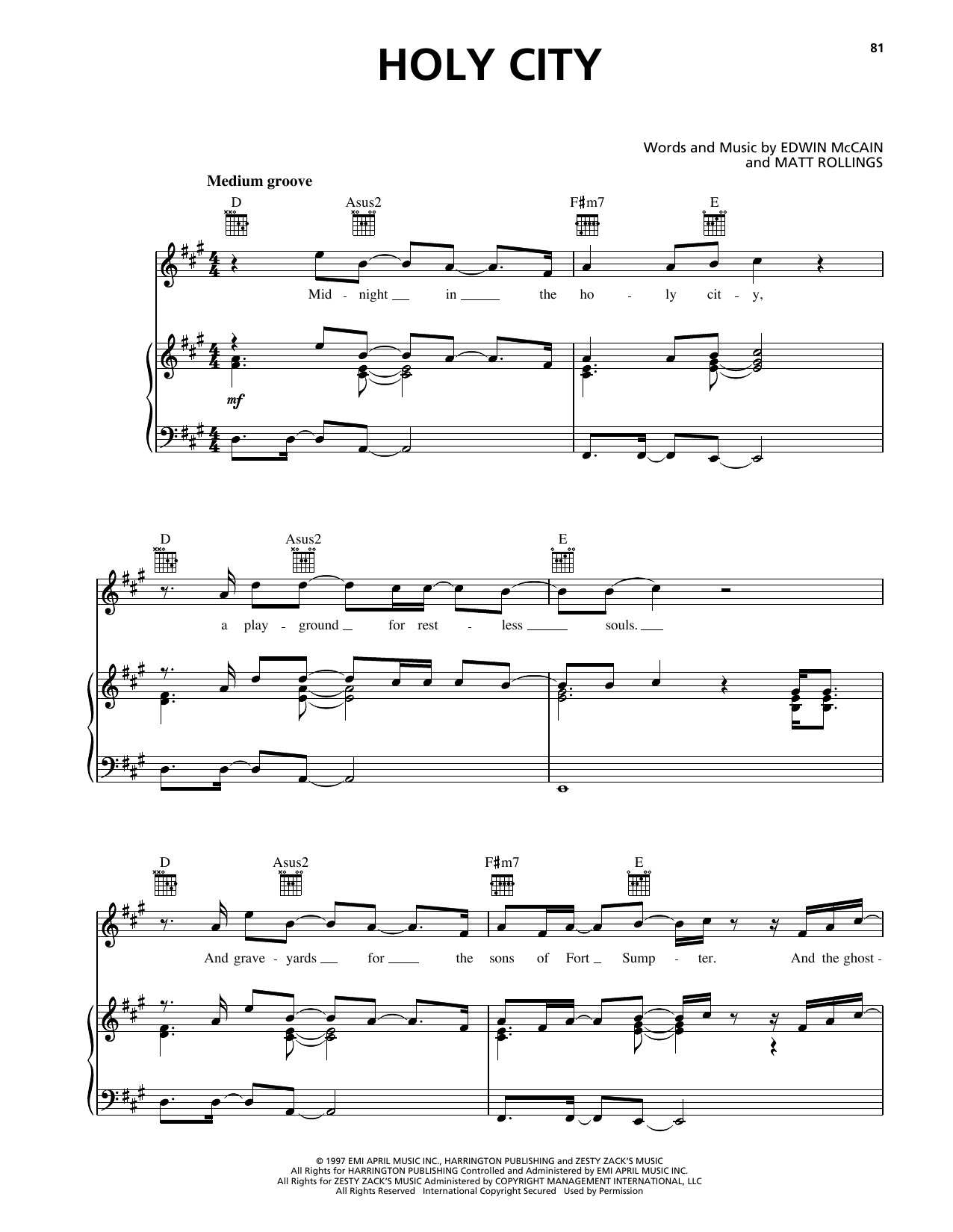 Edwin McCain Holy City sheet music notes and chords arranged for Piano, Vocal & Guitar Chords (Right-Hand Melody)
