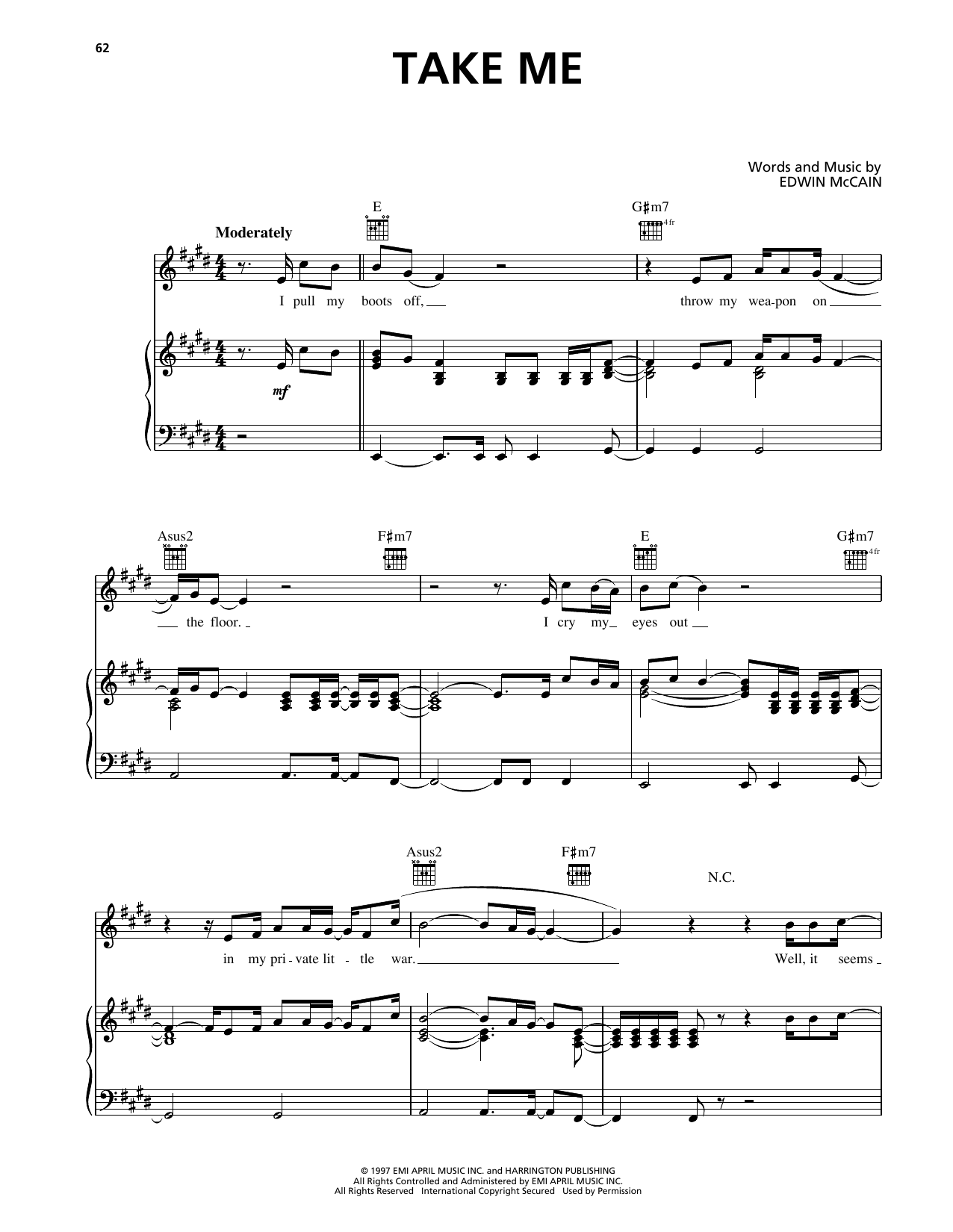 Edwin McCain Take Me sheet music notes and chords arranged for Piano, Vocal & Guitar Chords (Right-Hand Melody)
