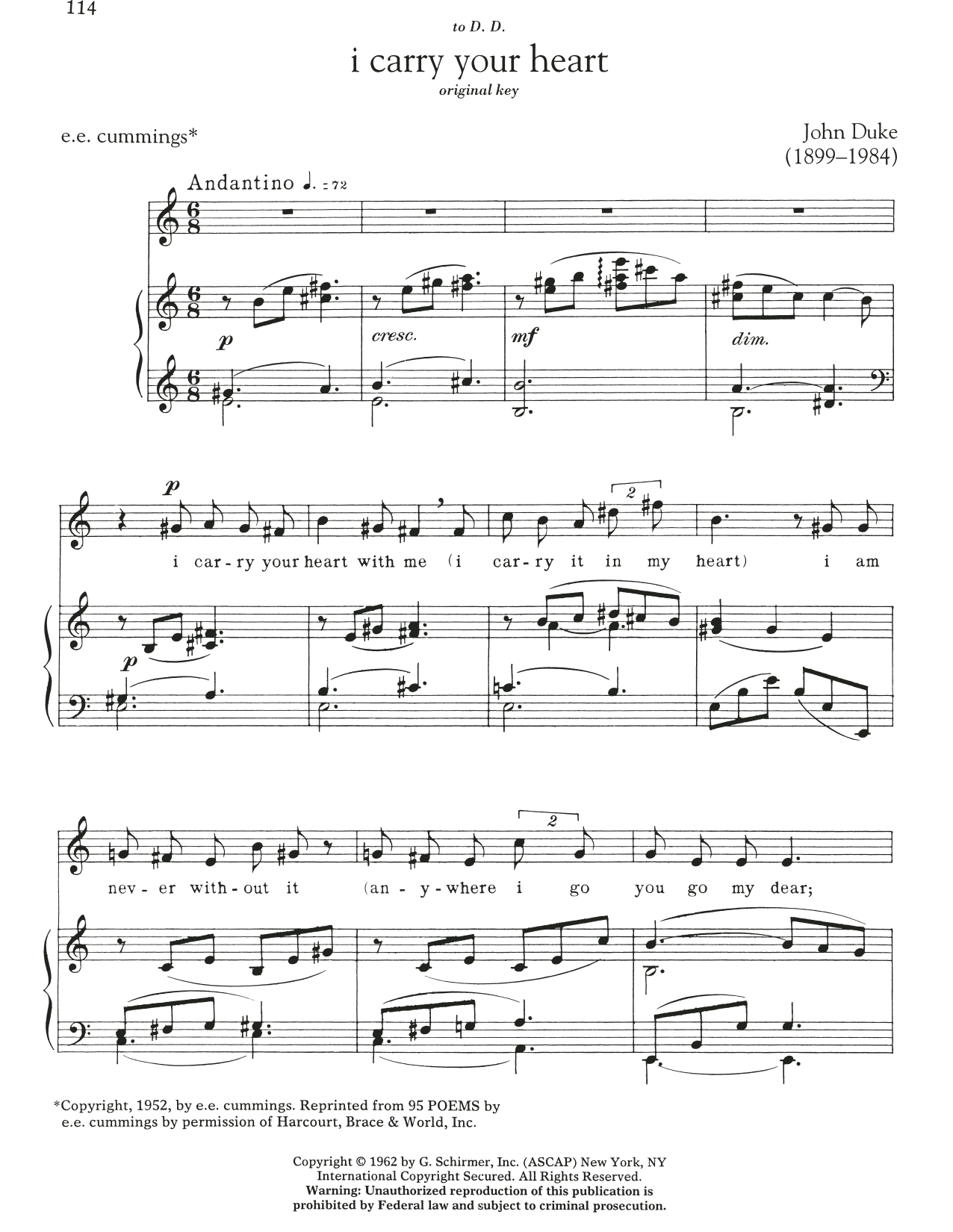 E.E. Cummings I Carry Your Heart sheet music notes and chords arranged for Piano & Vocal