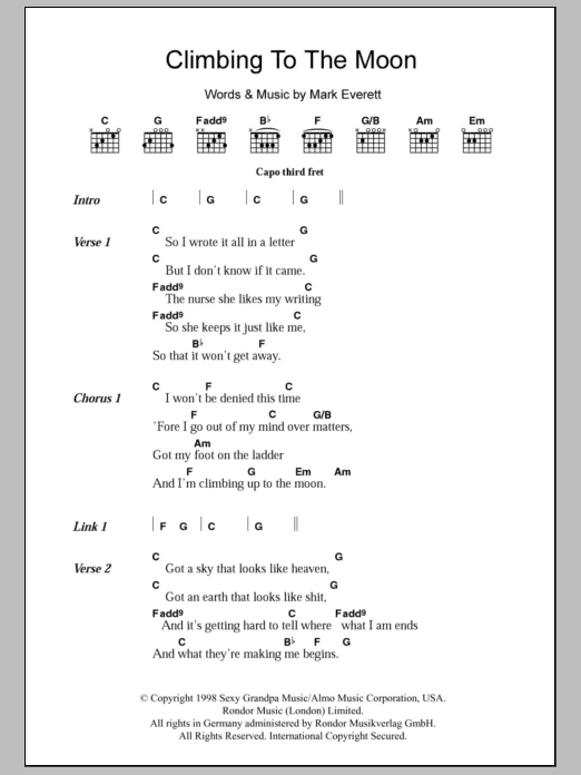 Eels Climbing To The Moon sheet music notes and chords arranged for Guitar Chords/Lyrics