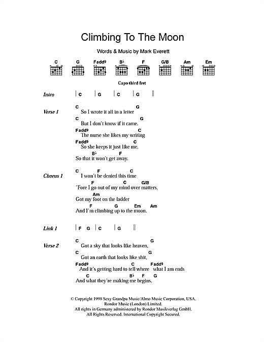 Eels Climbing To The Moon sheet music notes and chords arranged for Guitar Chords/Lyrics