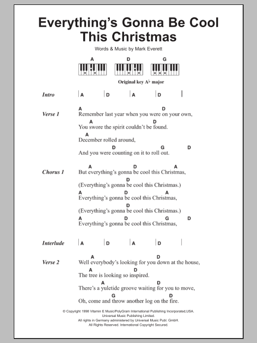 Eels Everything's Gonna Be Cool This Christmas sheet music notes and chords arranged for Piano Chords/Lyrics
