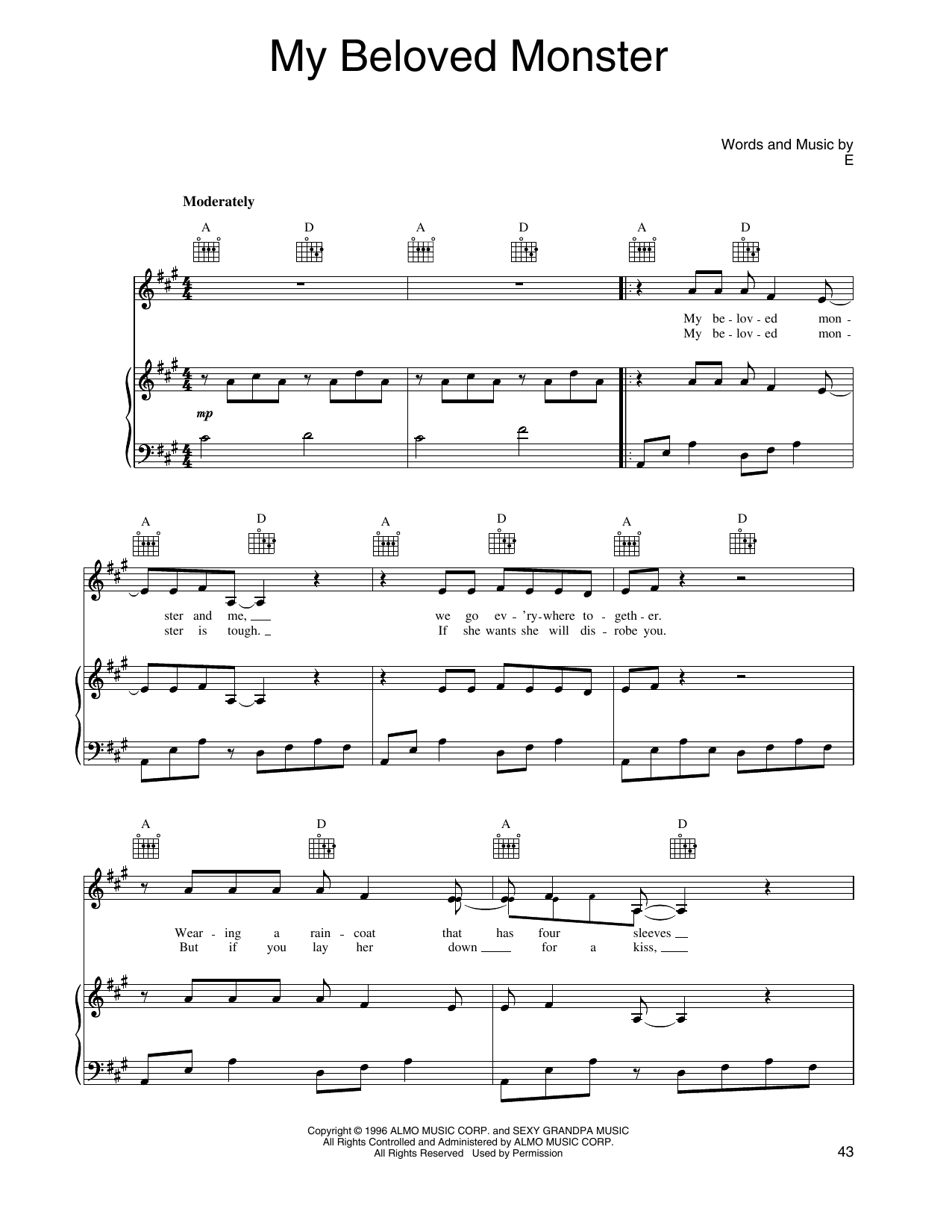 Eels My Beloved Monster (from Shrek) sheet music notes and chords arranged for Piano, Vocal & Guitar Chords (Right-Hand Melody)