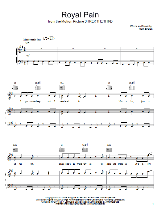 Eels Royal Pain (from Shrek The Third) sheet music notes and chords arranged for Piano, Vocal & Guitar Chords (Right-Hand Melody)