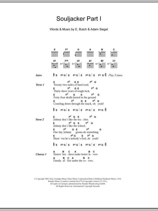Eels Souljacker Part I sheet music notes and chords arranged for Guitar Chords/Lyrics
