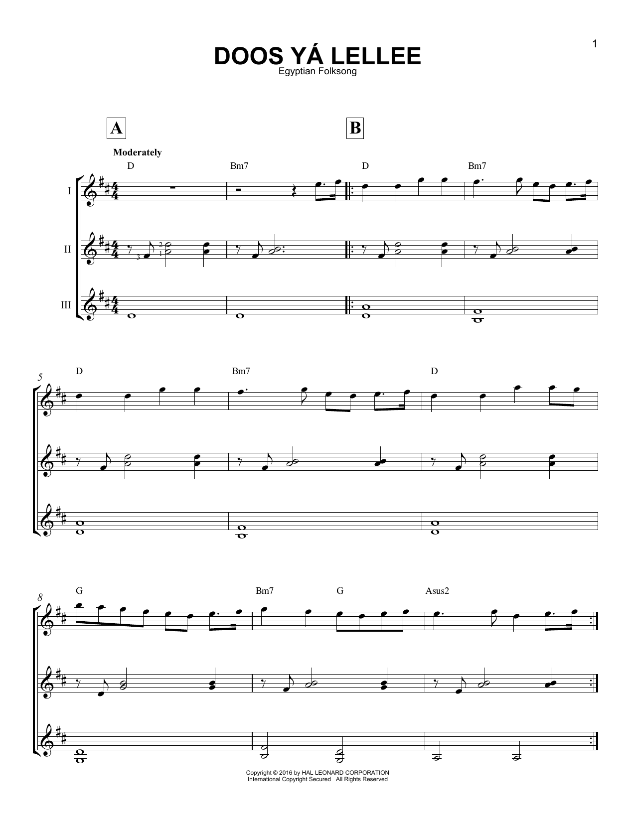 Egyptian Folksong Doos Ya Lellee sheet music notes and chords arranged for Guitar Ensemble