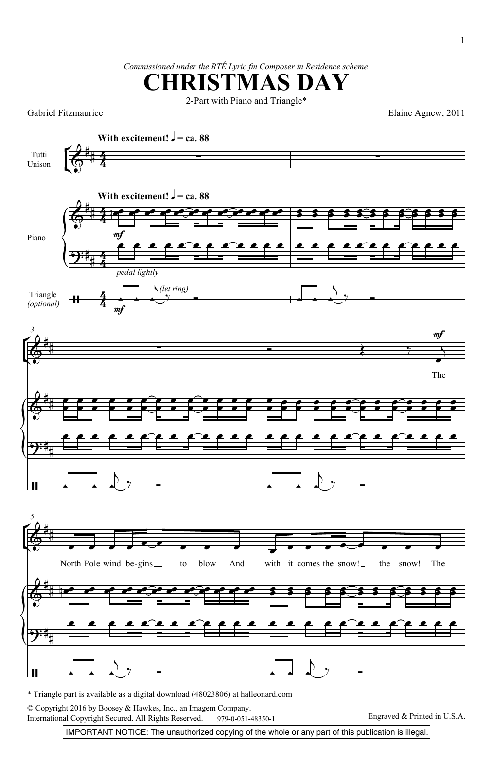 Elaine Agnew Christmas Day sheet music notes and chords arranged for Unison Choir