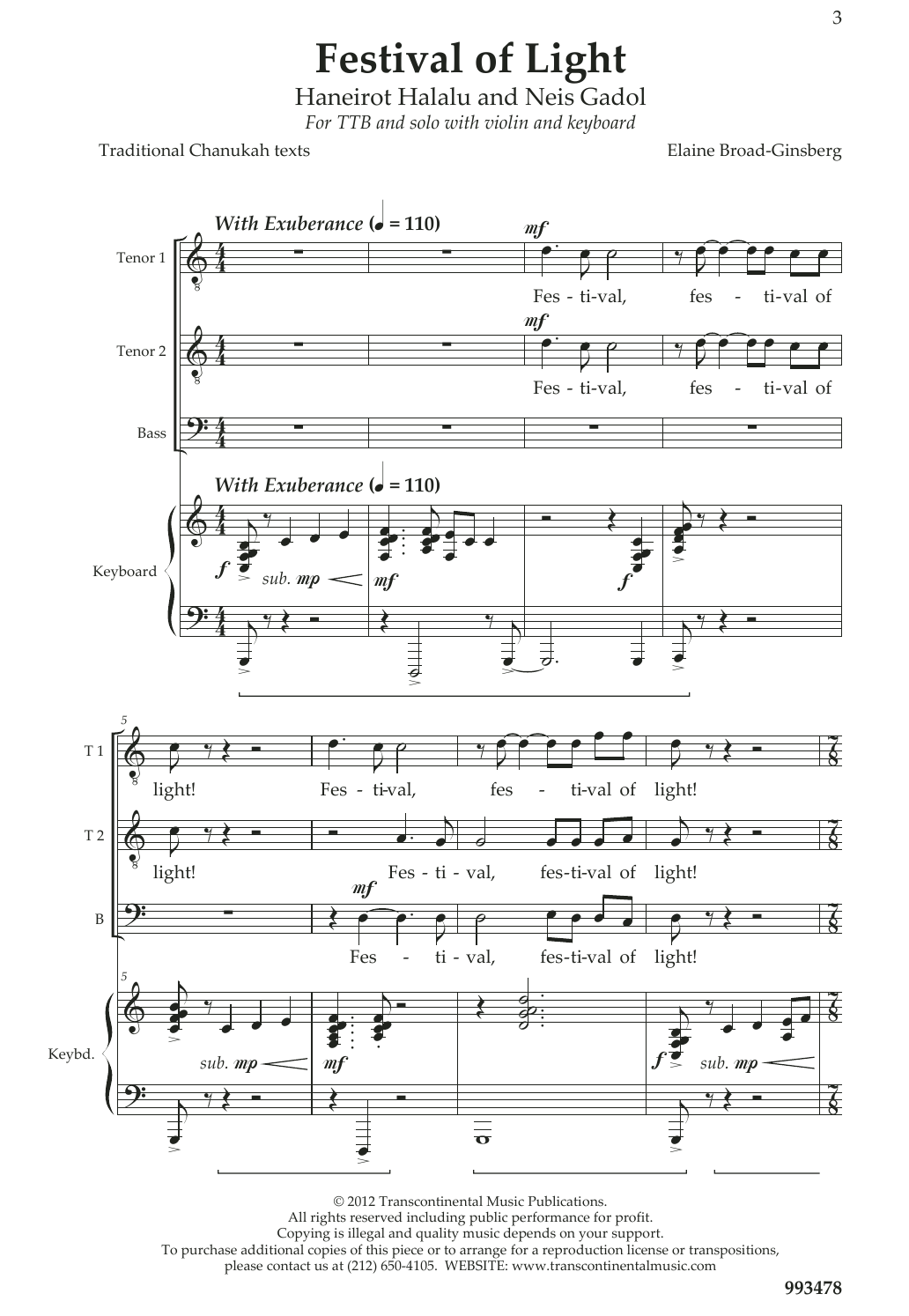 Elaine Broad-Ginsberg Festival Of Light sheet music notes and chords arranged for TTB Choir