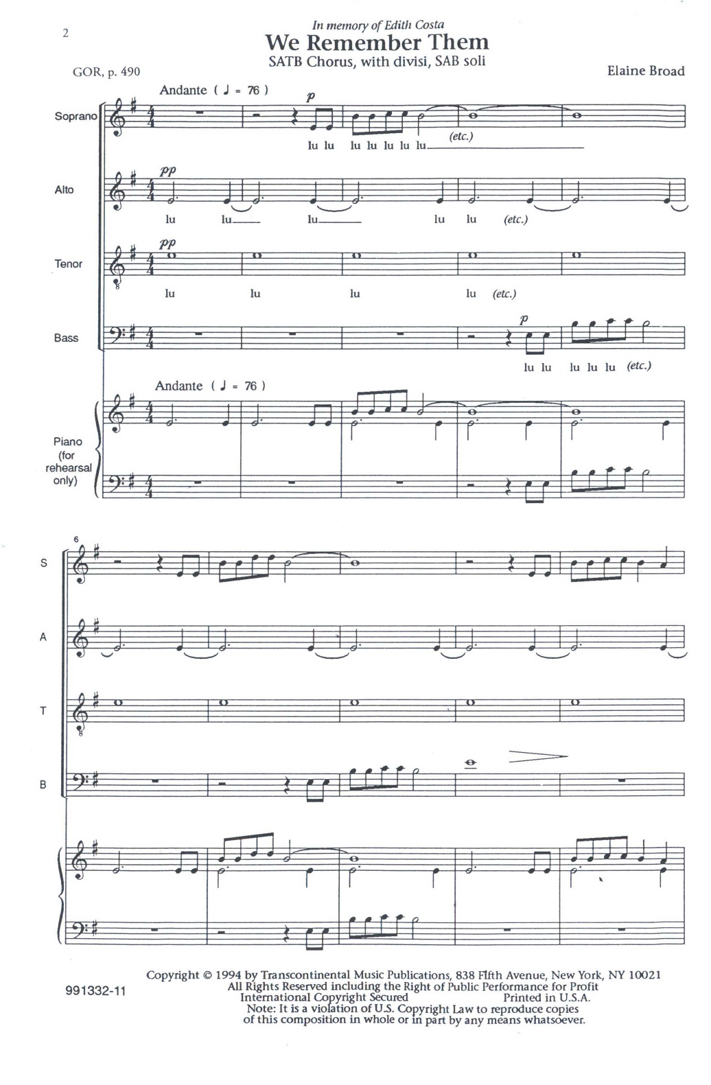 Elaine Broad We Remember Them Soli, Rehearsal Piano sheet music notes and chords arranged for SATB Choir