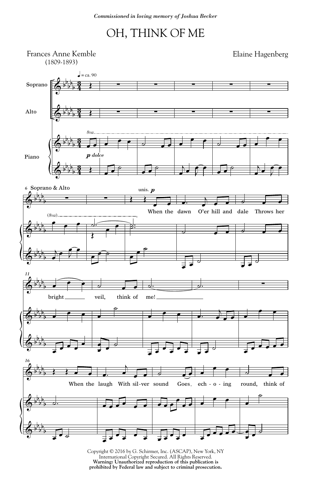 Elaine Hagenberg Oh, Think Of Me sheet music notes and chords arranged for SSA Choir