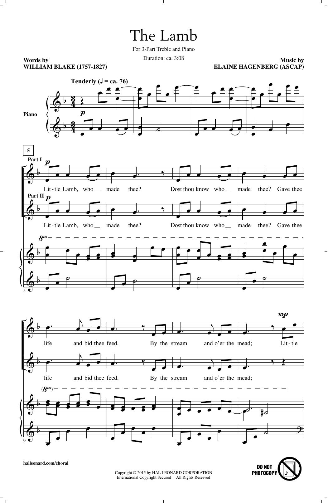 Elaine Hagenberg The Lamb sheet music notes and chords arranged for 3-Part Treble Choir