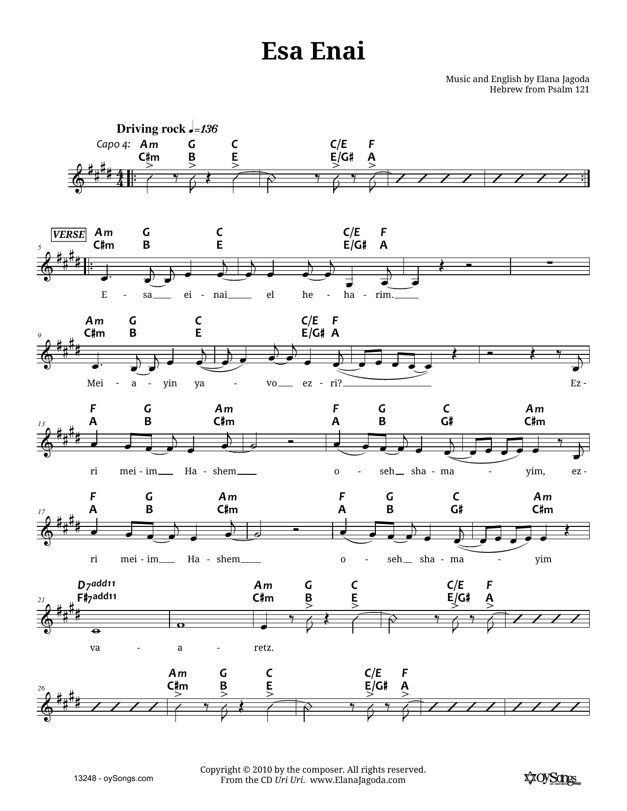 Elana Jagoda Esa Enai sheet music notes and chords arranged for Lead Sheet / Fake Book