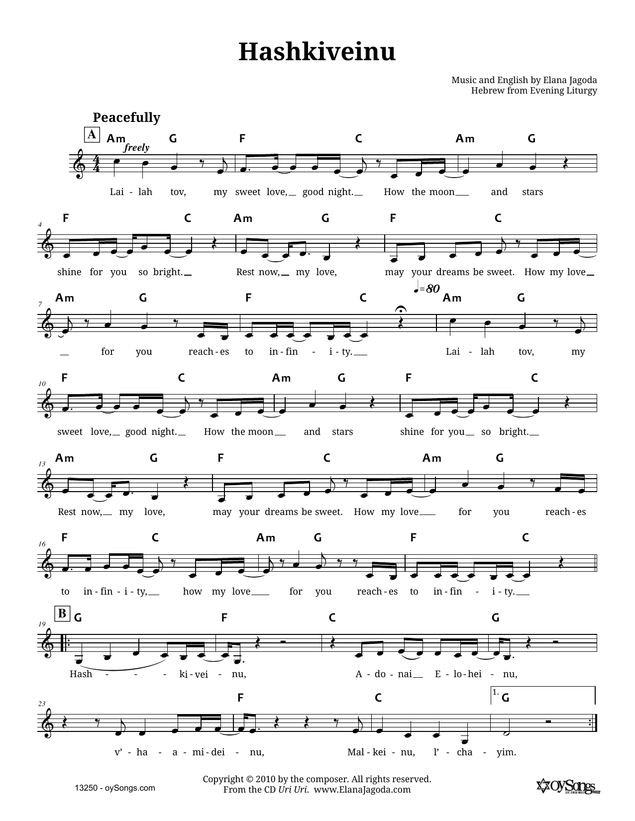 Elana Jagoda Hashkiveinu sheet music notes and chords arranged for Lead Sheet / Fake Book