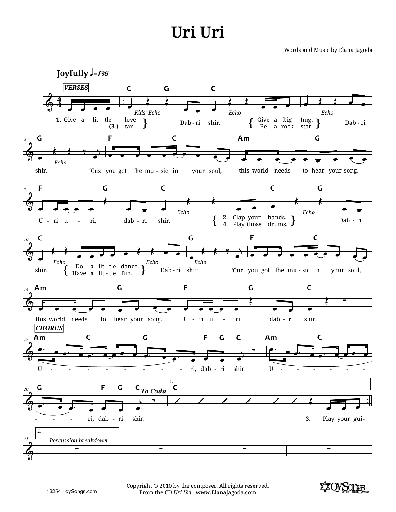 Elana Jagoda Uri Uri sheet music notes and chords arranged for Lead Sheet / Fake Book
